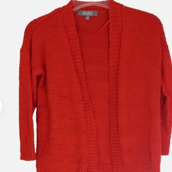 Orange Textured Knit Open Cardigan Women’s Small Crop Sweater 3/4 Sleeve Cotton - Picture 1 of 8